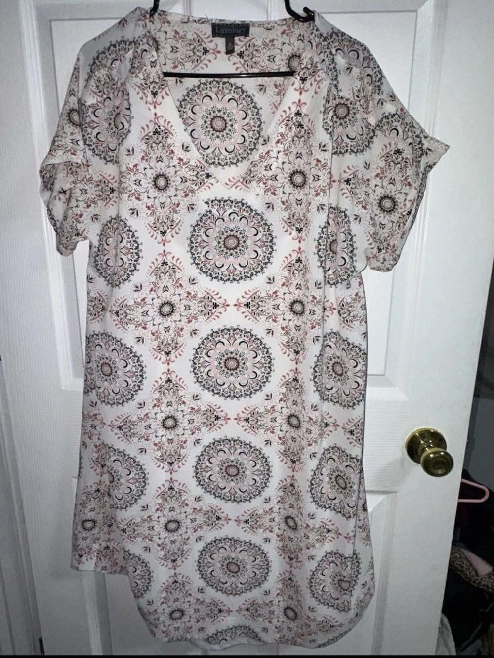Luxology Cream Medallion Print V-Neck Dress with Pink and Brown Accents